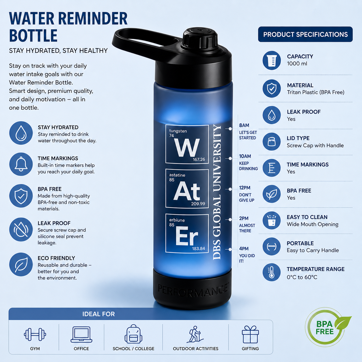DGU Water Reminder Bottle – 1L Hydration Tracker with Time Markings