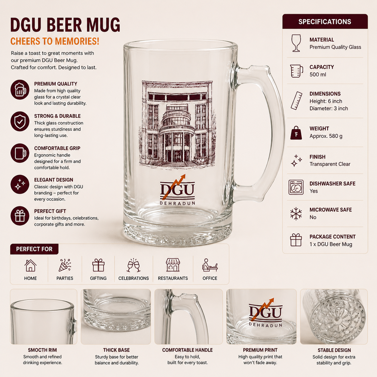 DGU Clear Glass Beer Mug – 500ml Premium Campus Edition
