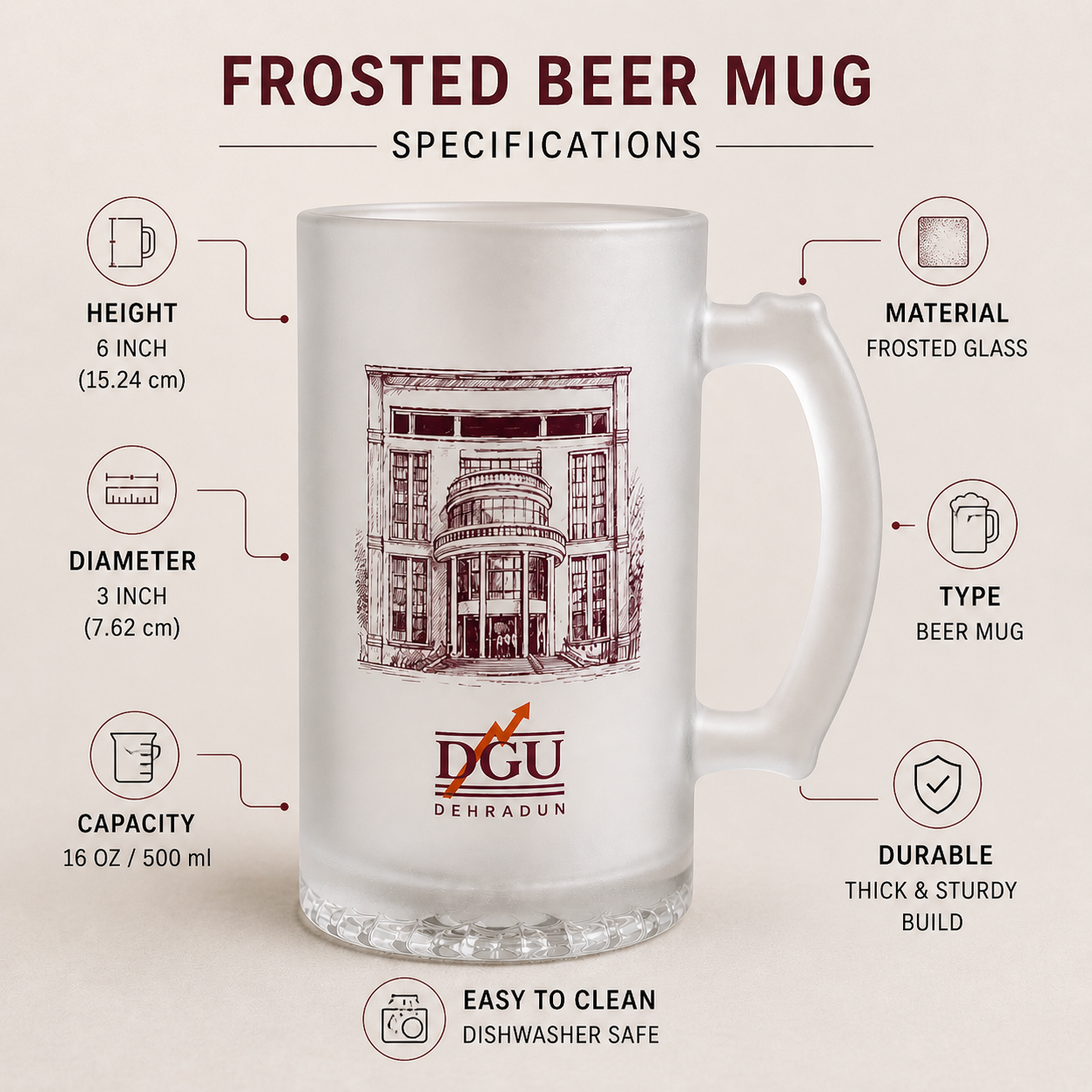 DGU Frosted Glass Beer Mug – 500ml Premium Campus Edition