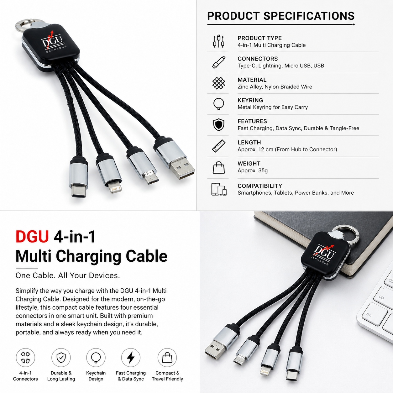 DGU 4-in-1 Multi Charging Cable – Compact Universal Connector